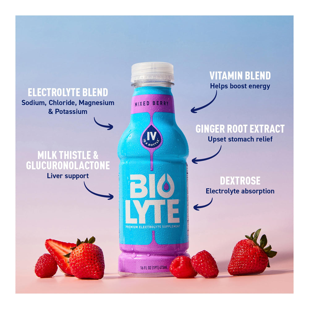 BIOLYTE label emphasizing electrolytes and gluten-free ingredients