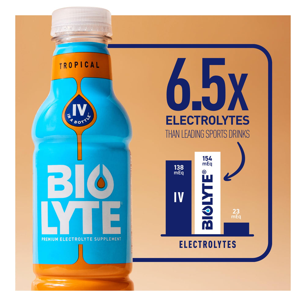 BIOLYTE Tropical bottle pour demonstrating quick hydration after activity.