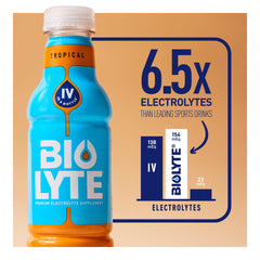 BIOLYTE Tropical bottle pour demonstrating quick hydration after activity.
