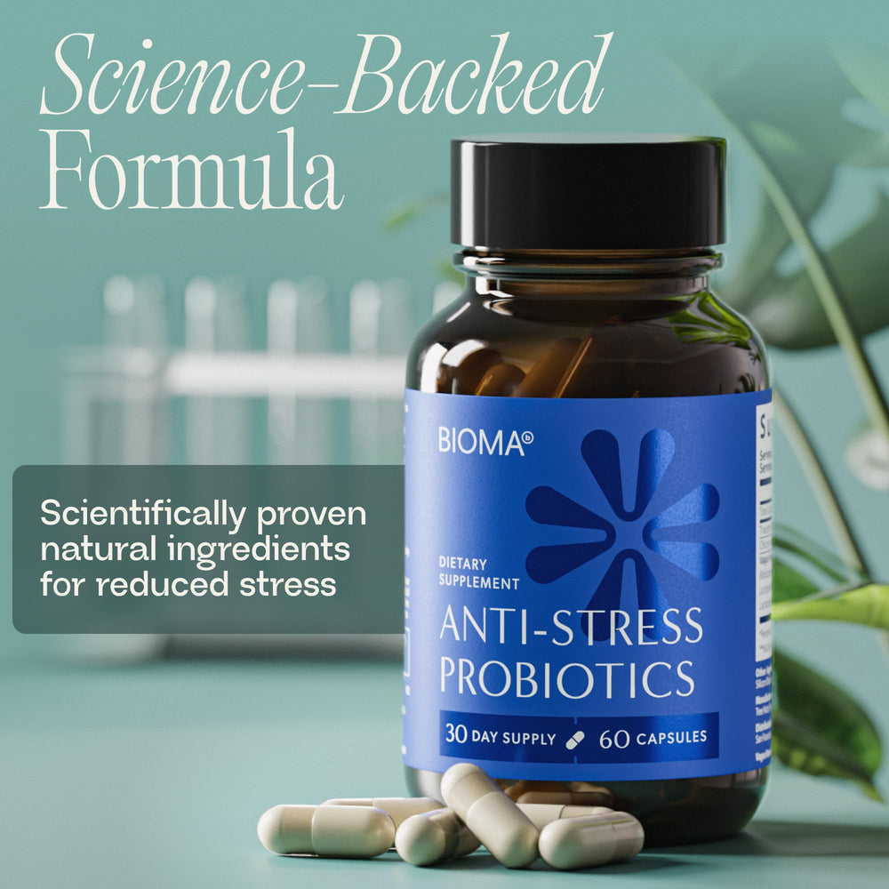 BIOMA Anti-Stress Probiotics packaging-box shown for gifting-ready wellness.