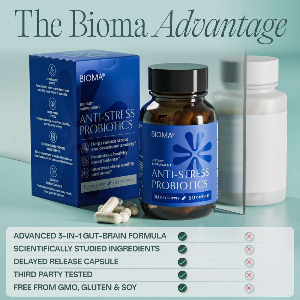 BIOMA Anti-Stress Probiotics tablet-in-hand ready for daily intake.