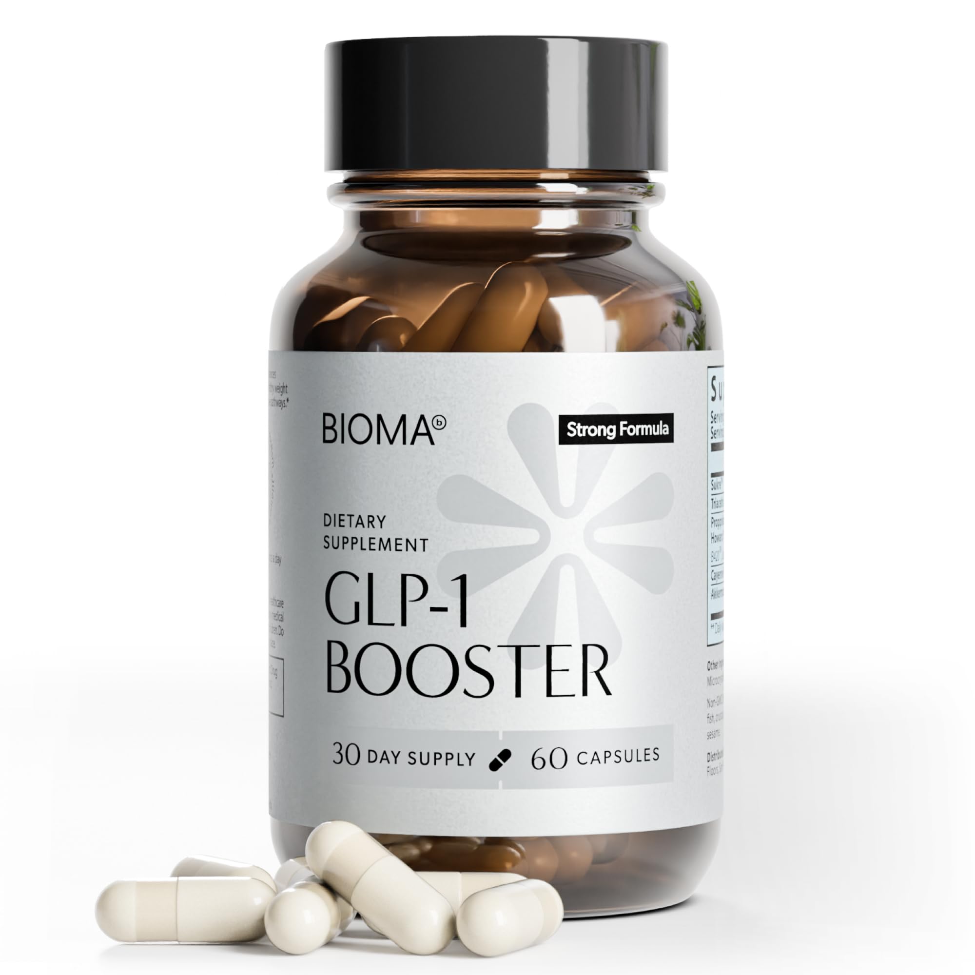 BIOMA GLP-1 Booster bottle front emphasizes packaging and appetite support potential