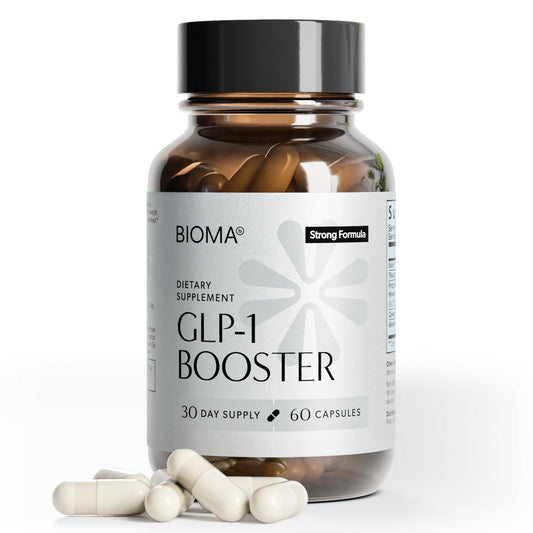 BIOMA GLP-1 Booster bottle front emphasizes packaging and appetite support potential