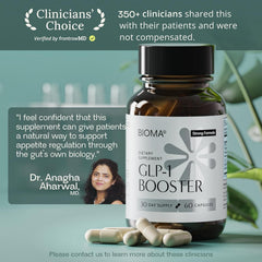 BIOMA GLP-1 Booster capsules arranged to illustrate targeted intestinal delivery