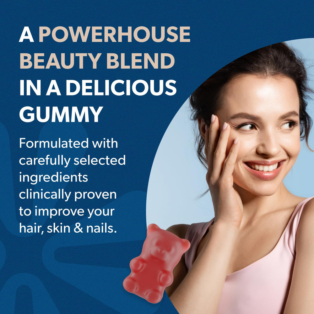 Bioma Gummies ingredients visual emphasizing biotin, collagen, zinc for hair and skin support.