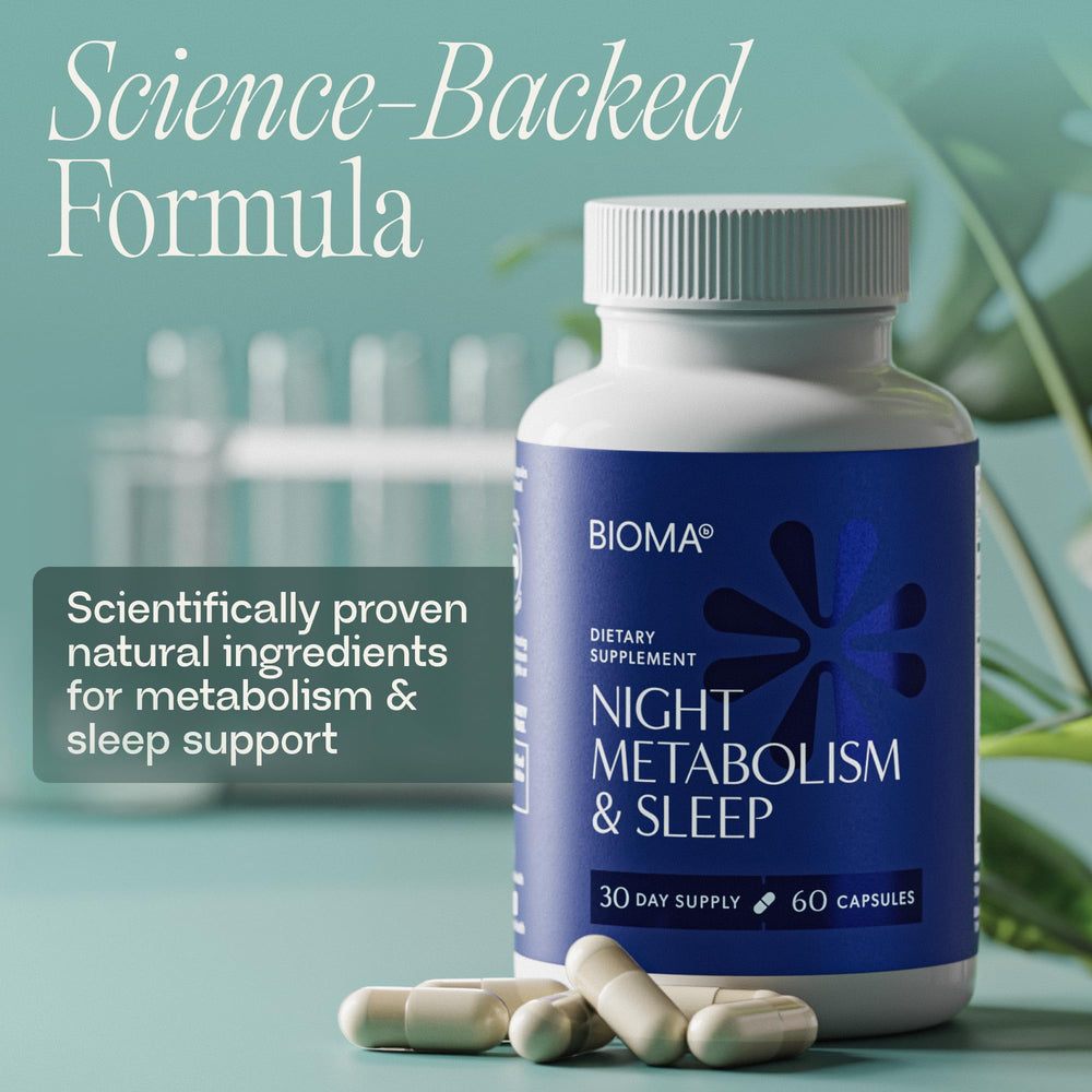 Relaxing bedside scene with BIOMA Night Metabolism & Sleep on nightstand.