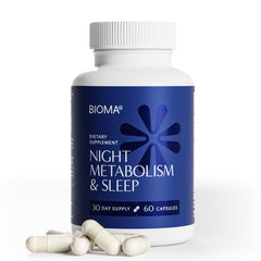 BIOMA Night Metabolism & Sleep bottle and capsules for restful nights.
