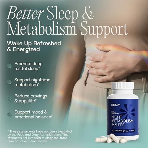 BIOMA Night Metabolism & Sleep capsules beside water for bedtime routines.