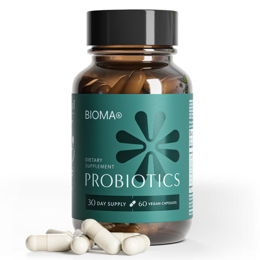 BIOMA Probiotics bottle with capsules for digestive health and gut balance.