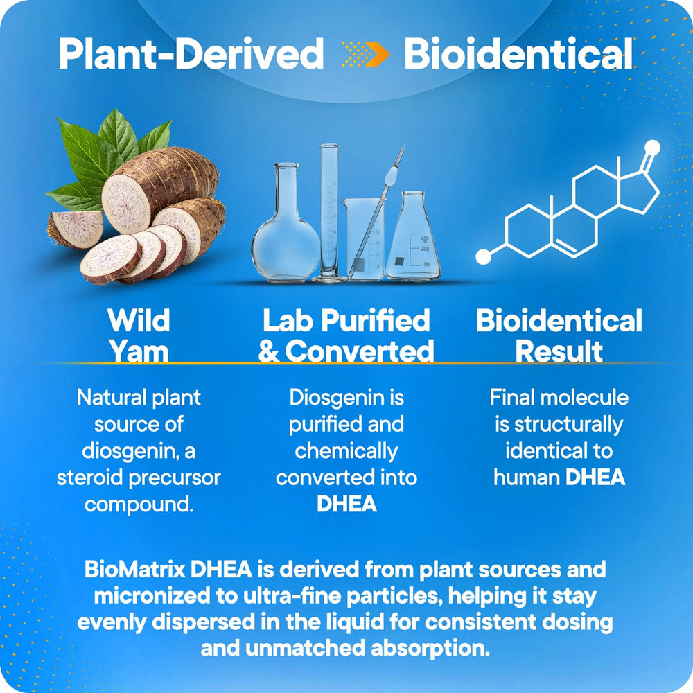 BioMatrix DHEA Liquid Drops label closeup with gluten-free and clean formula