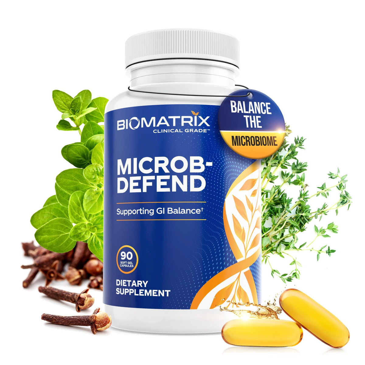 BioMatrix Microb-Defend softgel bottle with thyme, oregano, clove blend for digestive comfort.