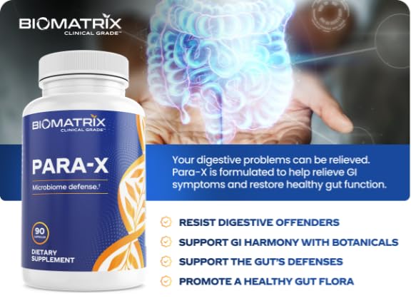 BioMatrix Para-X capsules closeup highlights potent plant-based ingredients for gut balance.