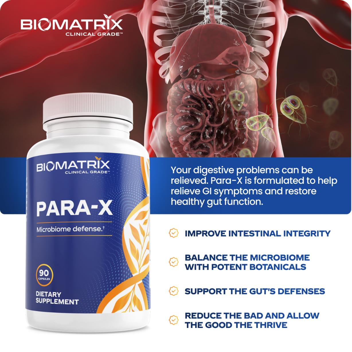 BioMatrix Para-X label detail highlights artemisinin and olive leaf for gut health support.