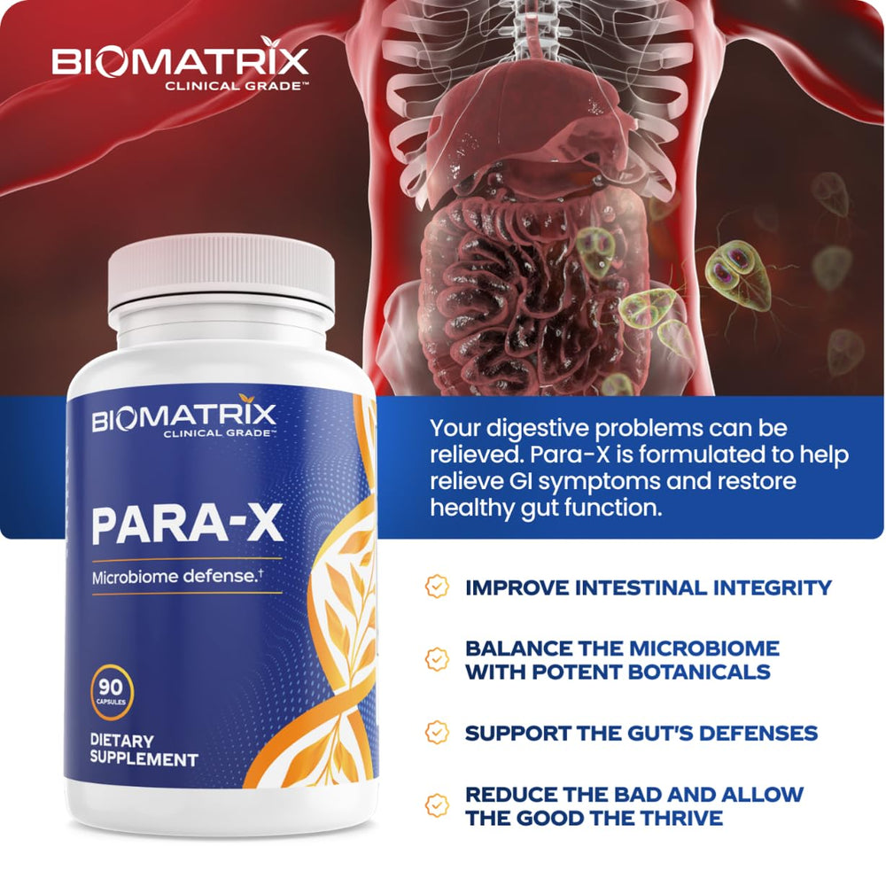 BioMatrix Para-X label detail highlights artemisinin and olive leaf for gut health support.