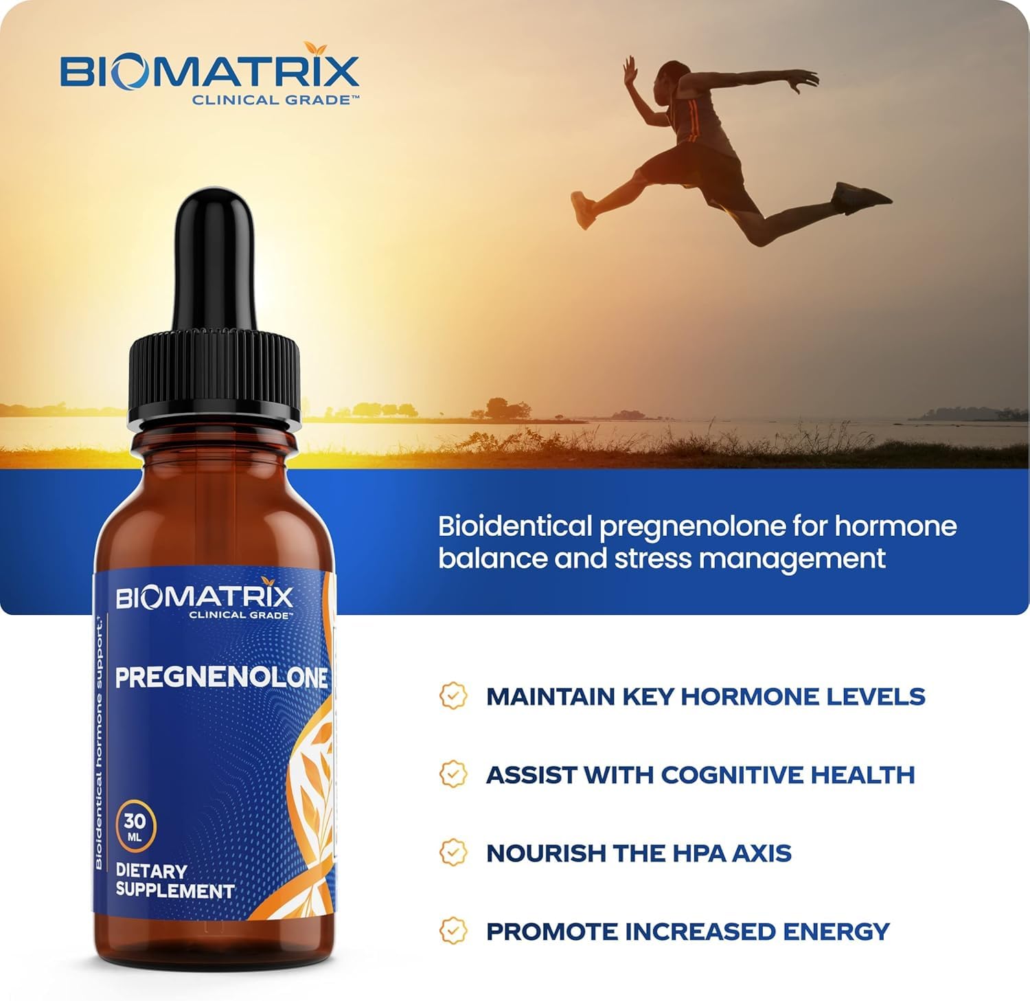 BioMatrix Pregnenolone close-up liquid showing micronized formula for faster uptake.