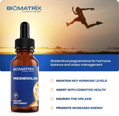 BioMatrix Pregnenolone close-up liquid showing micronized formula for faster uptake.