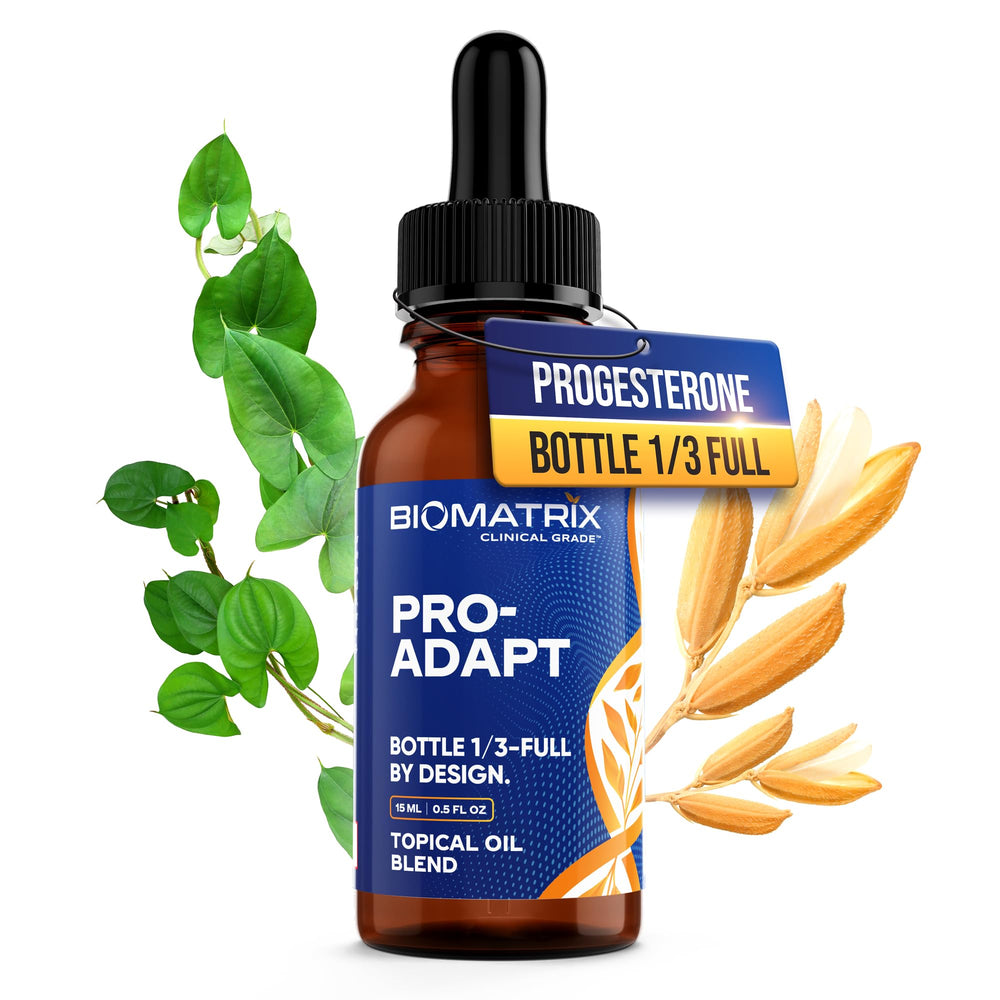 BioMatrix Progesterone bottle with 15 ml oil for precise dosing.