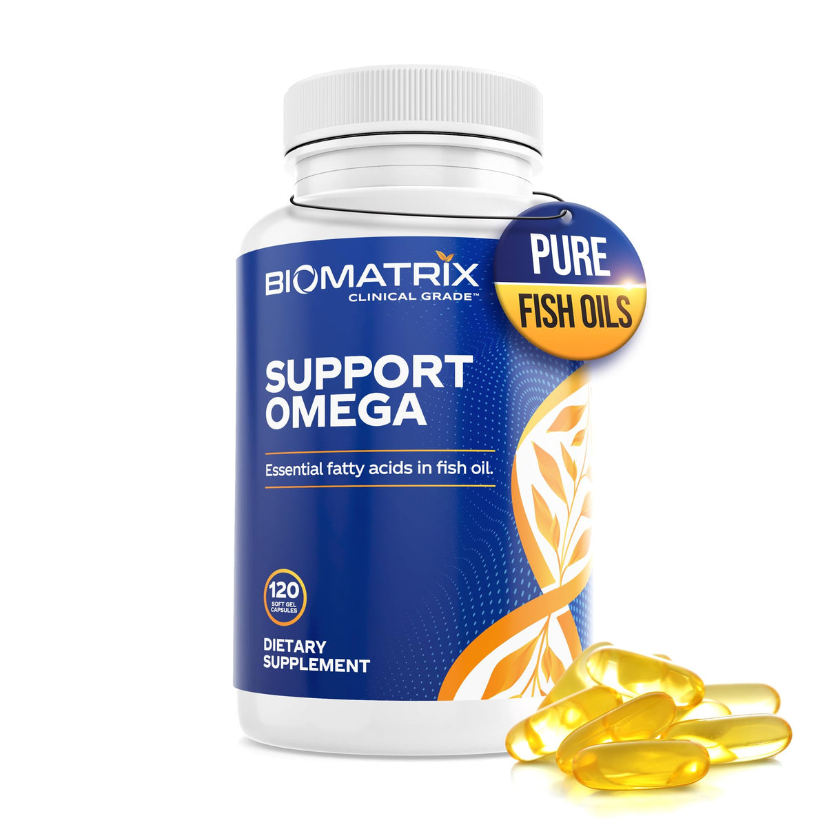 BioMatrix Support Omega bottle front showcases high-potency EPA/DHA softgels for daily support.