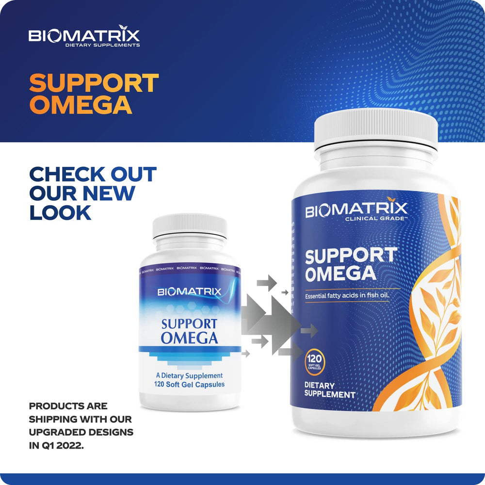 BioMatrix Support Omega label detail shows USP-verified ingredients and purity emphasis.