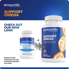 BioMatrix Support Omega label detail shows USP-verified ingredients and purity emphasis.