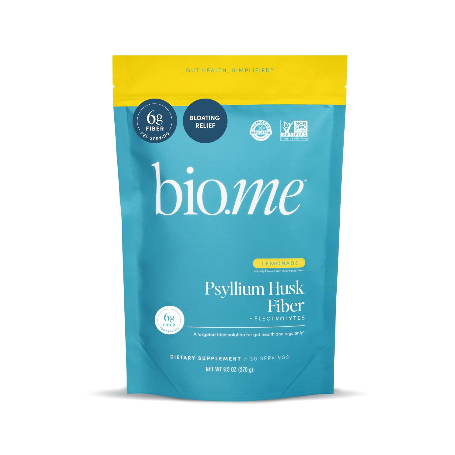Bio.me BioMe lemonade fiber powder bottle showcasing flavor and fiber benefits.