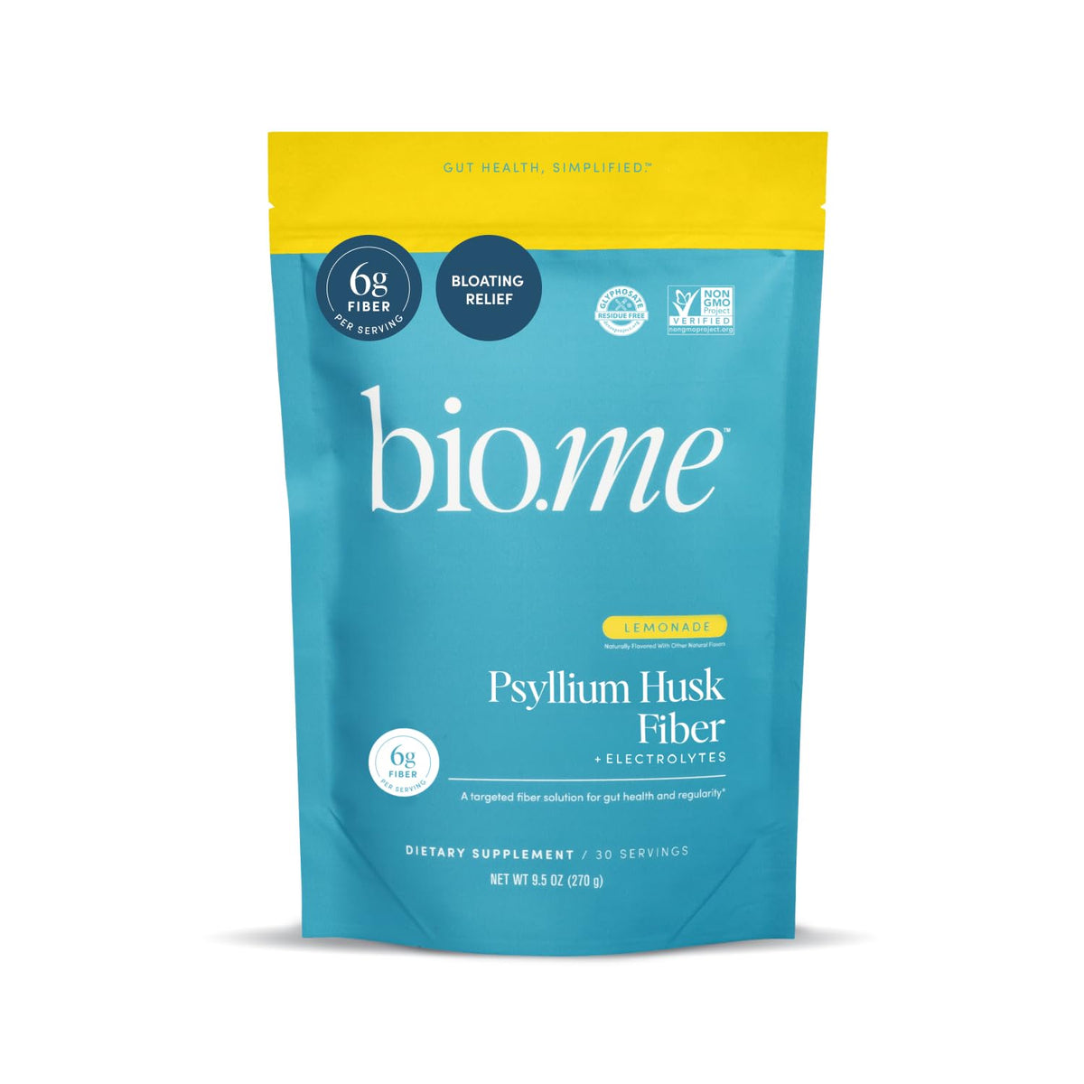 Bio.me BioMe lemonade fiber powder bottle showcasing flavor and fiber benefits.
