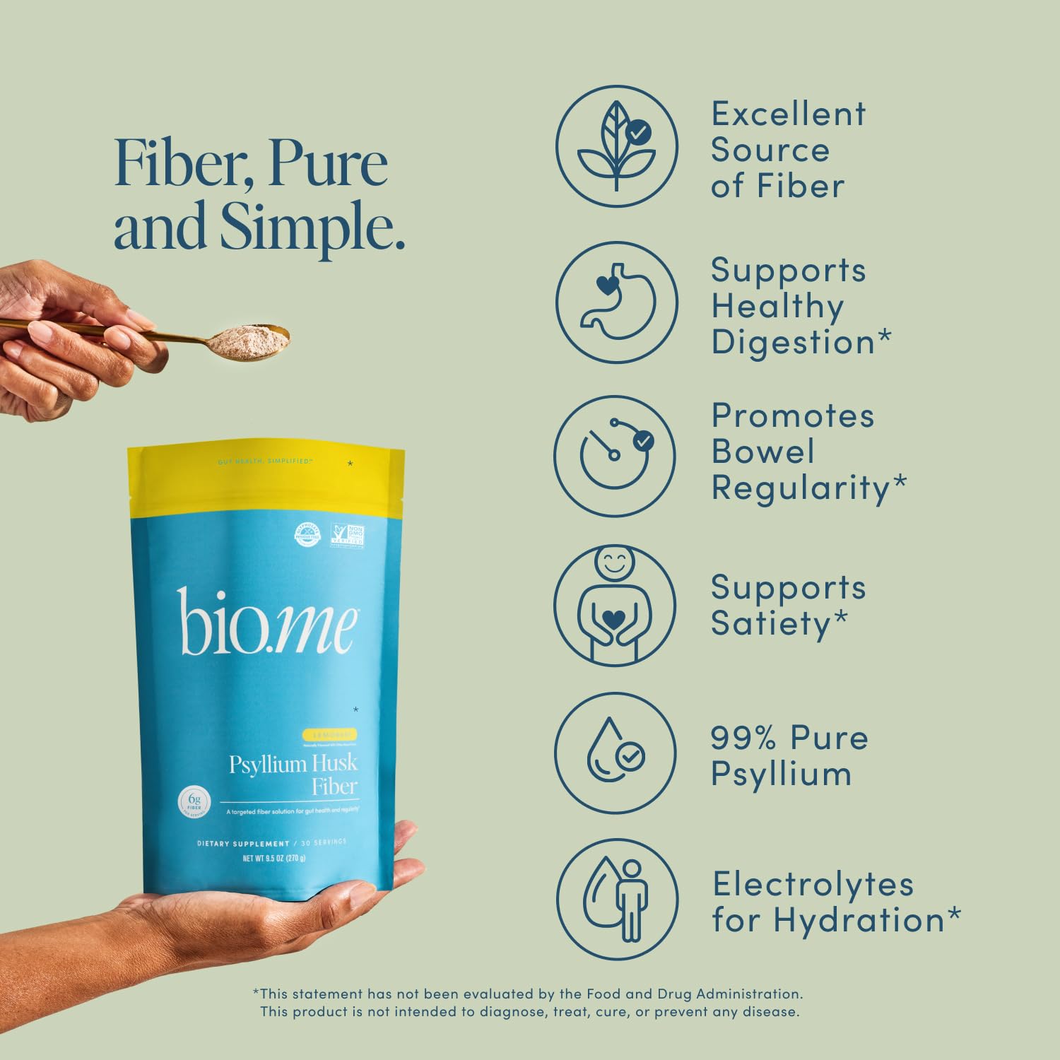 Bio.me psyllium husk powder measuring scoop shows precise 6g serving for daily use.