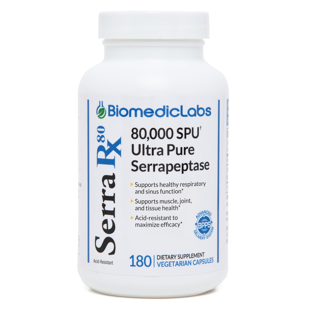 Biomedic Labs RX Serra-RX 80,000 SU bottle showing acid resistant coating for potency