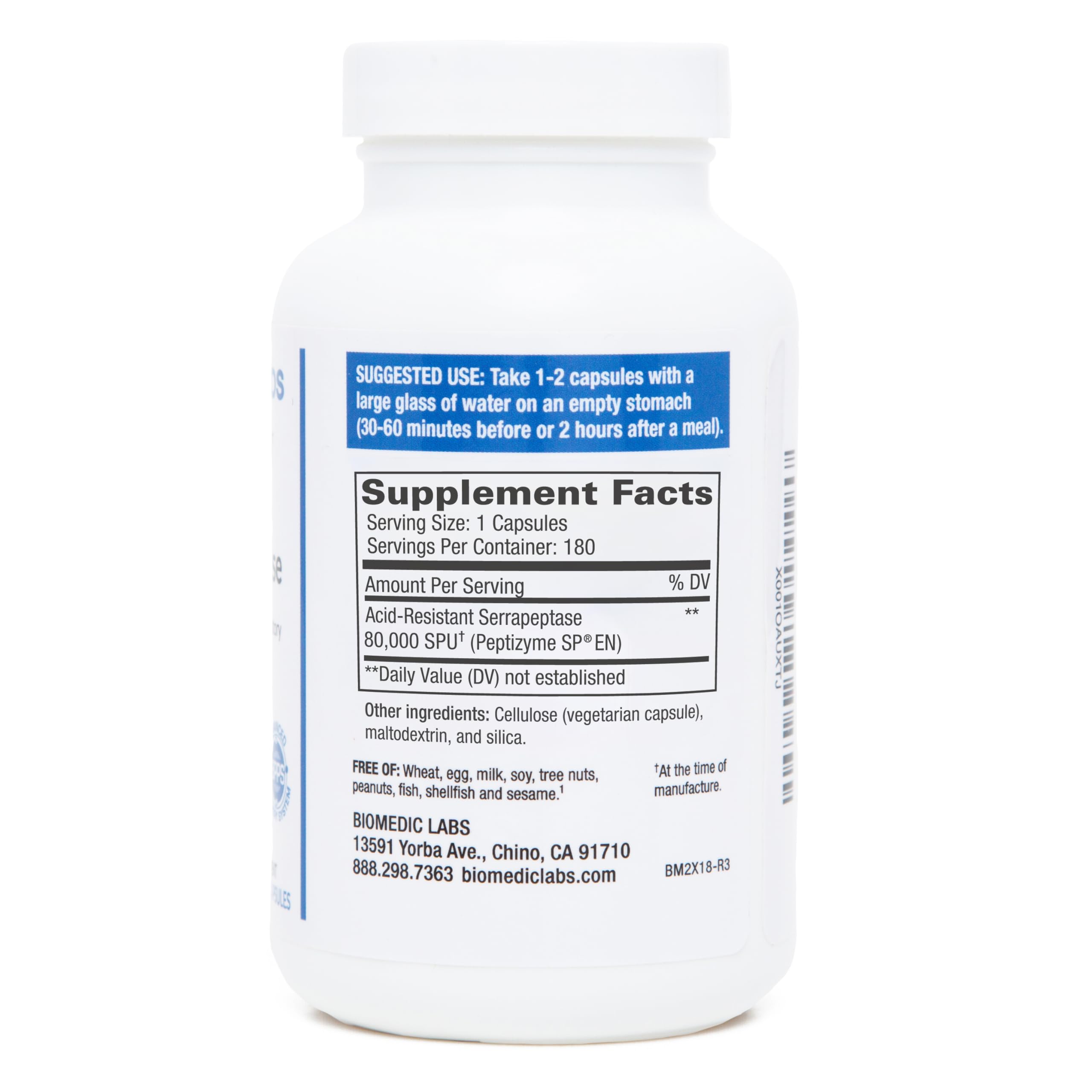 Biomedic Labs RX Serra-RX capsules on white, vegan and gluten-free daily support