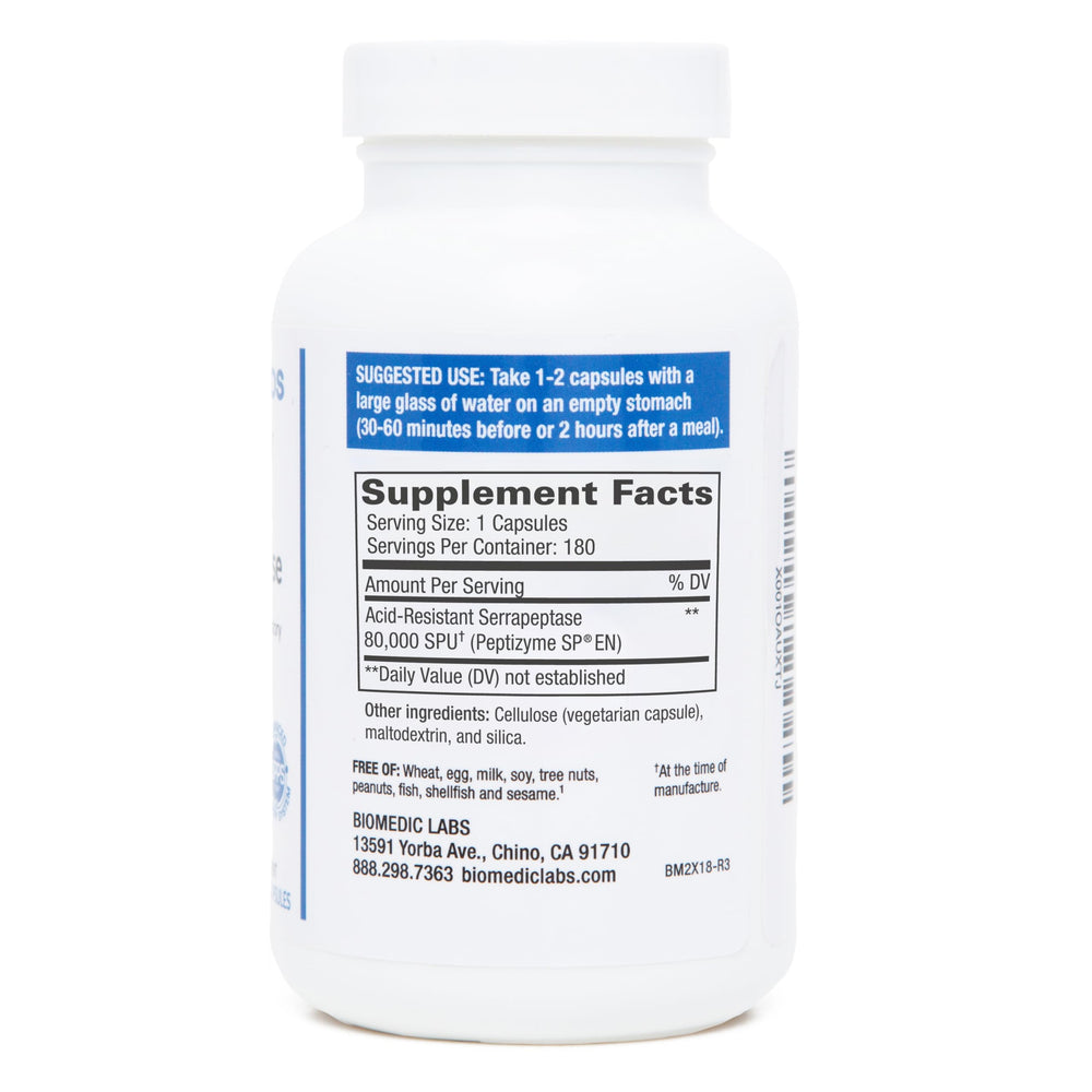 Biomedic Labs RX Serra-RX capsules on white, vegan and gluten-free daily support
