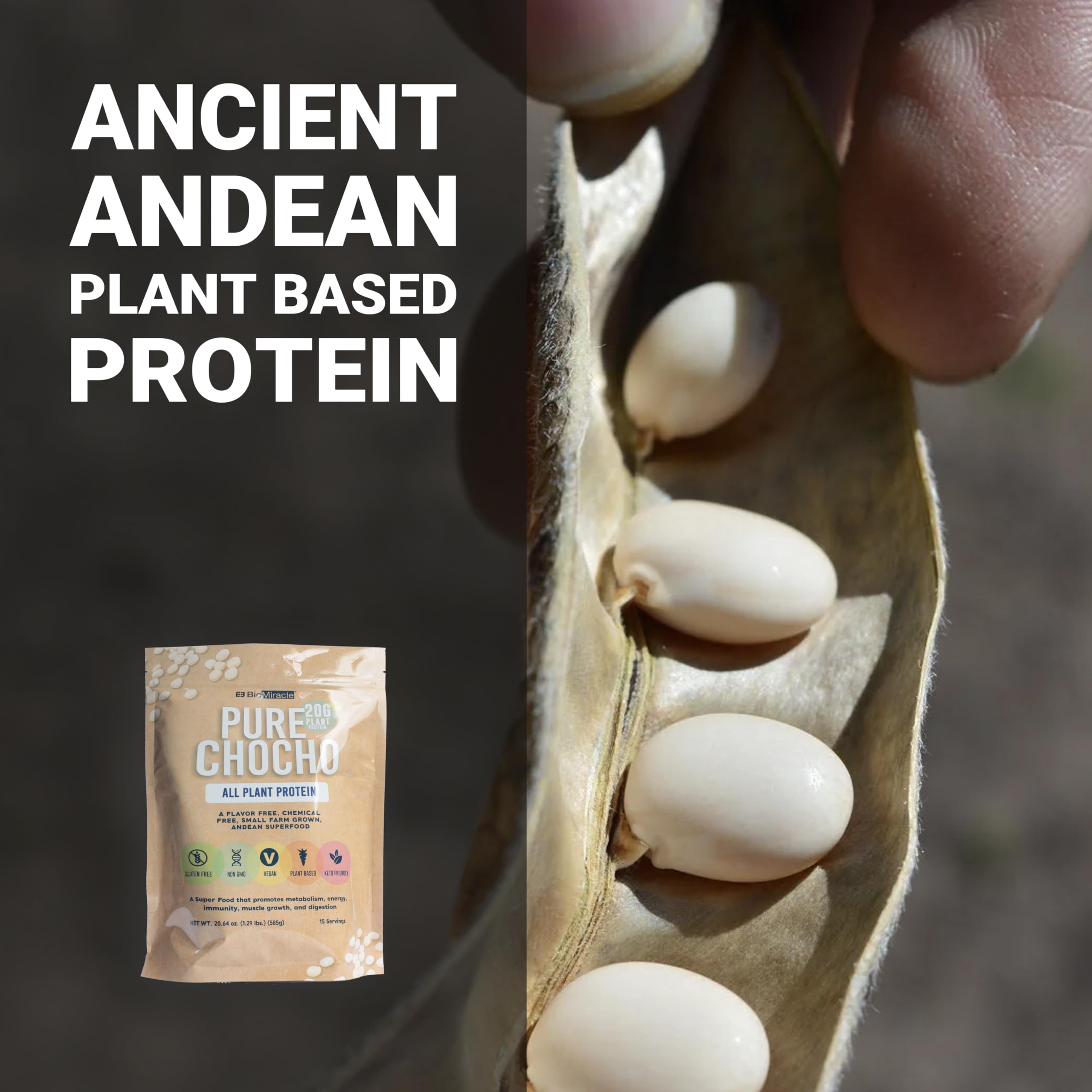 BioMiracle hydrolyzed chocho powder pouring, ideal for quick fitness snacks