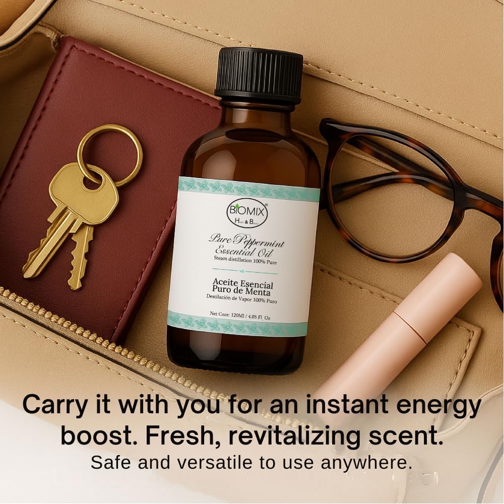 BIOMIX peppermint oil amber bottle maintains freshness for long-term storage.