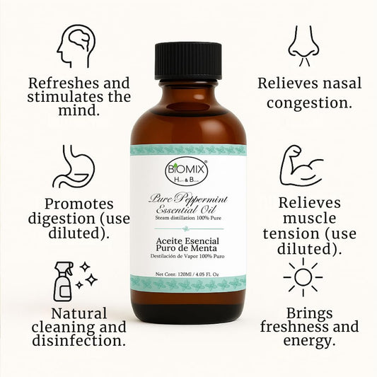 BIOMIX peppermint oil pour close-up shows controlled application for scalp and blends.