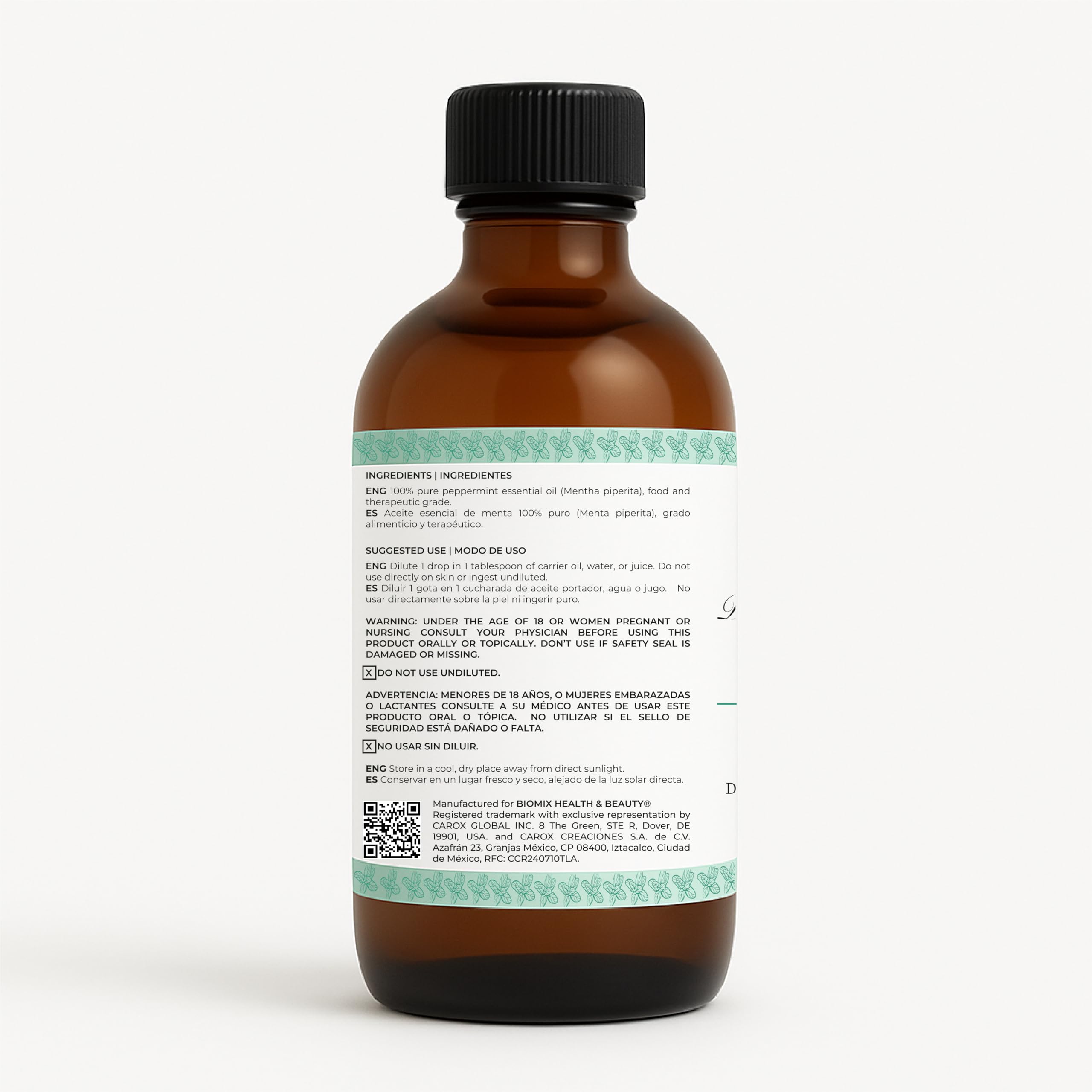 BIOMIX peppermint oil packaging highlights vegan and non-GMO credentials.