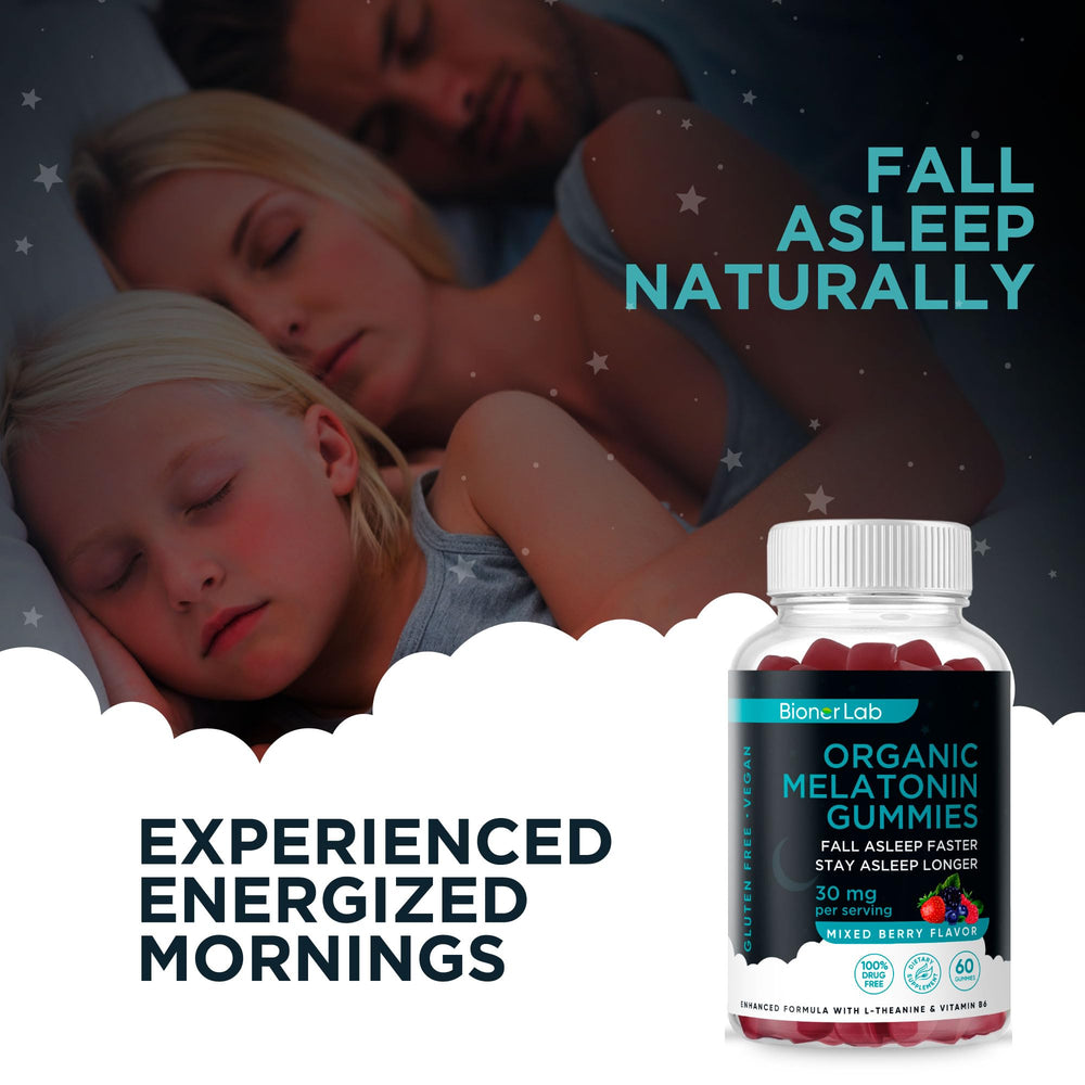 BionerLab Melatonin Gummies label closeup highlighting vegan and gluten-free formula.