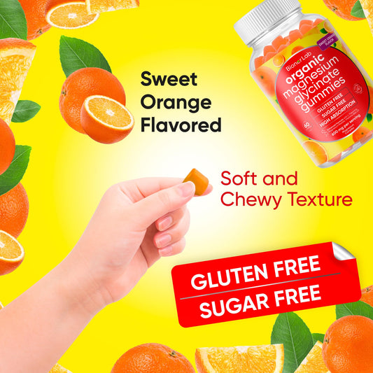 Close-up of orange-flavored magnesium gummies from BionerLab.