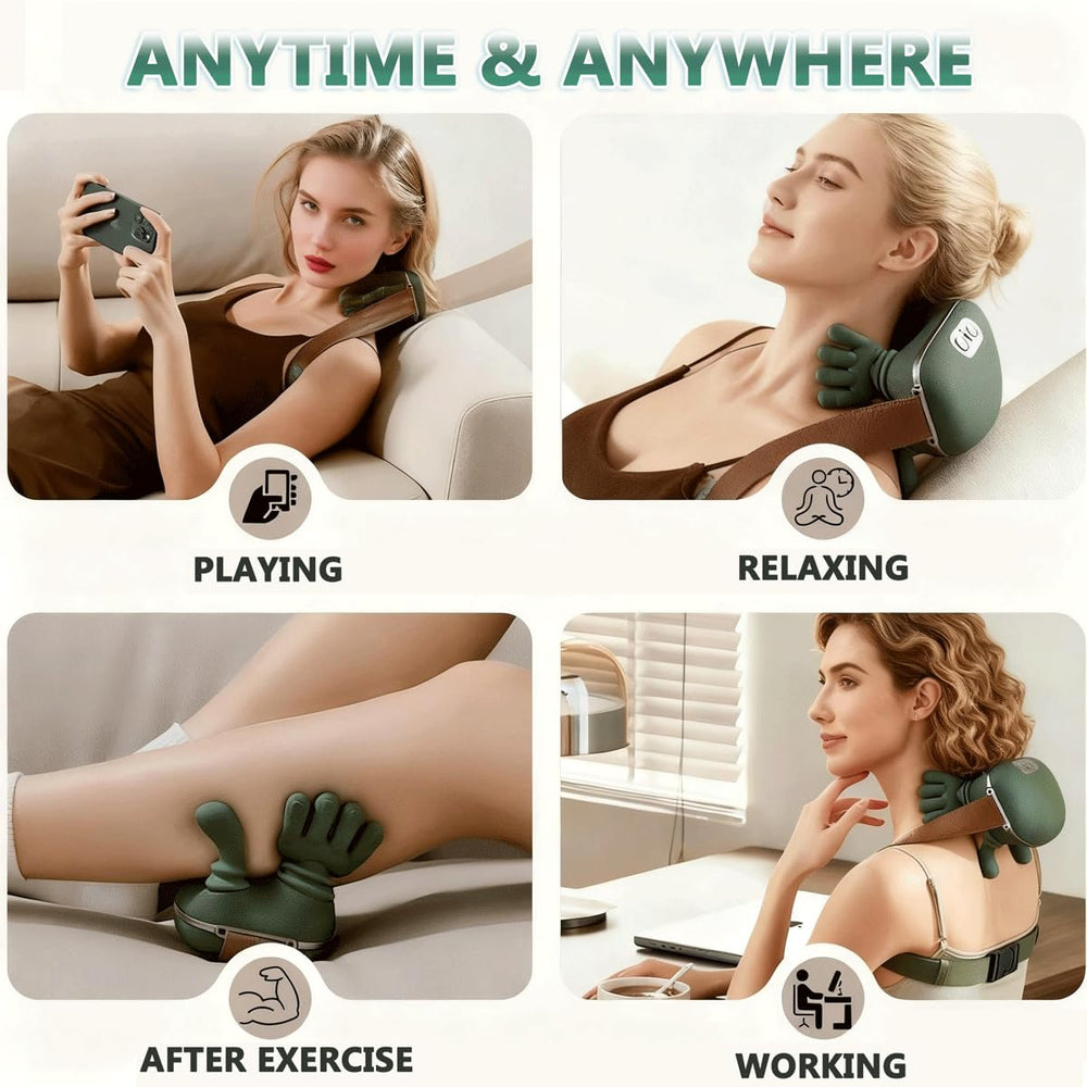 Bionic neck massager in use on desk, enabling break-time relaxation.