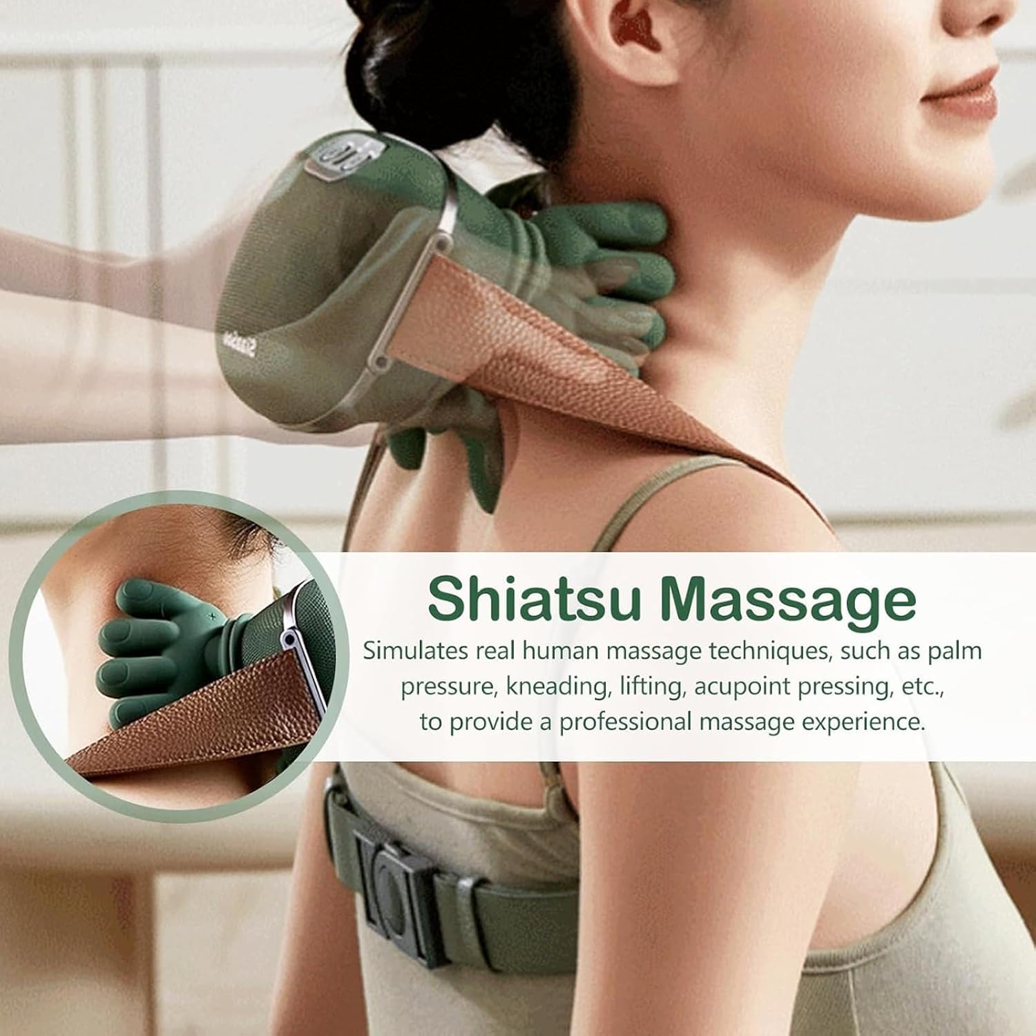 Bionic massager strapped around shoulder for targeted upper back massage