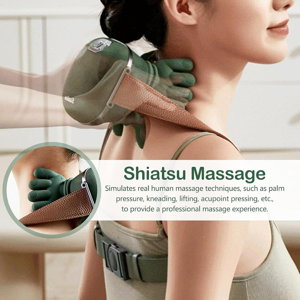 Bionic massager strapped around shoulder for targeted upper back massage