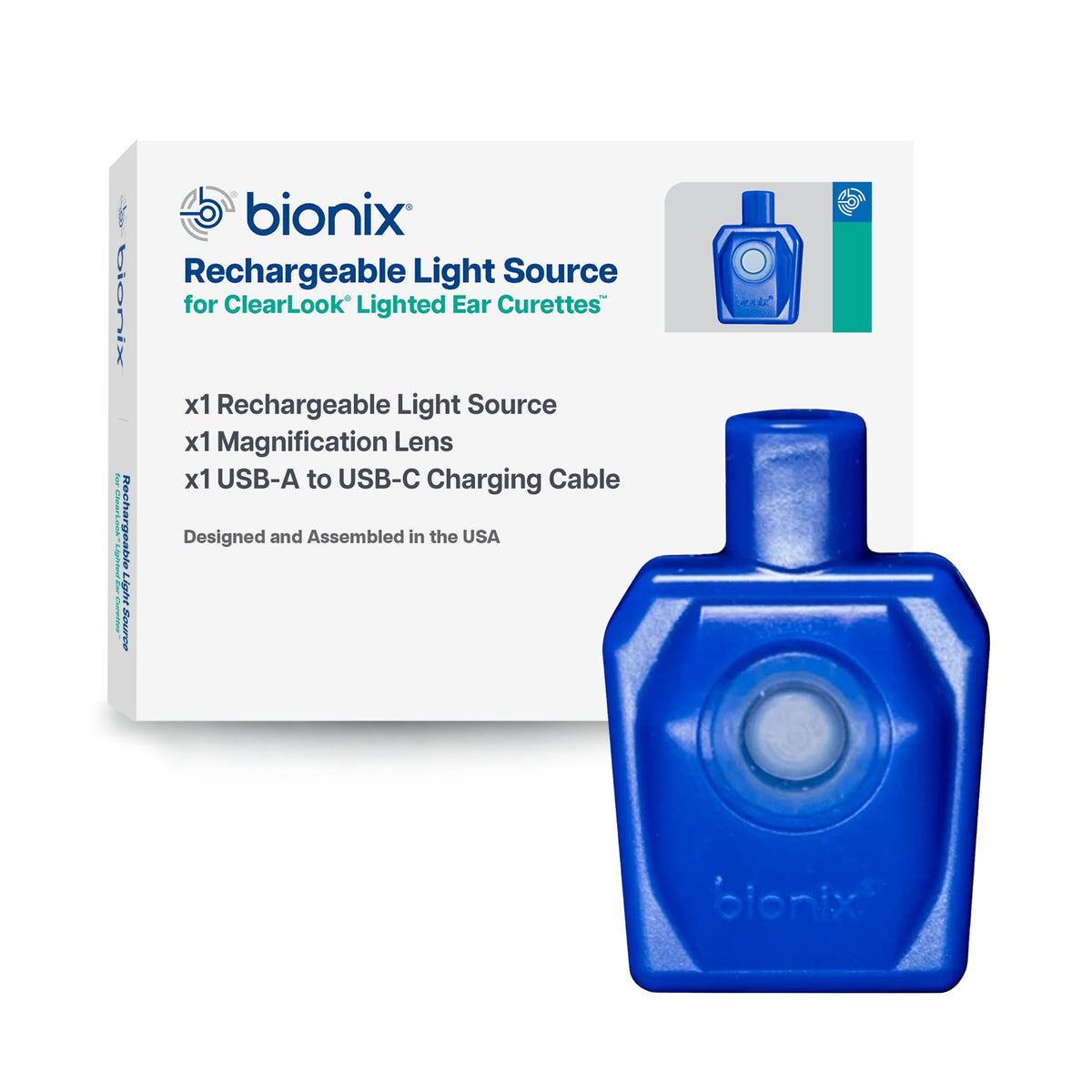 Bionix Rechargeable Light Source front view for enhanced ear care visualization.