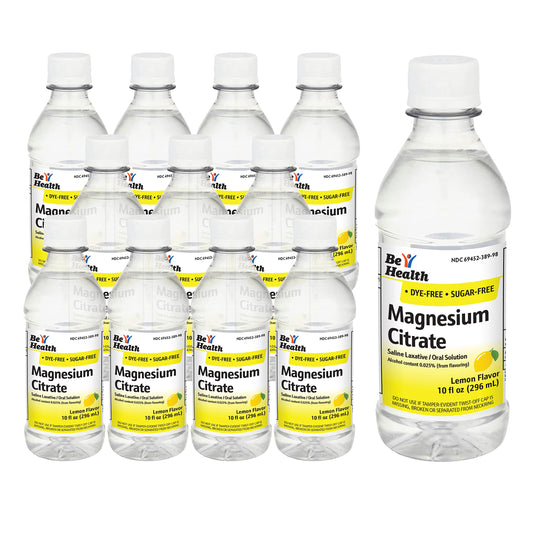 Be Health Magnesium Citrate bottle on shelf, supports occasional bowel comfort.