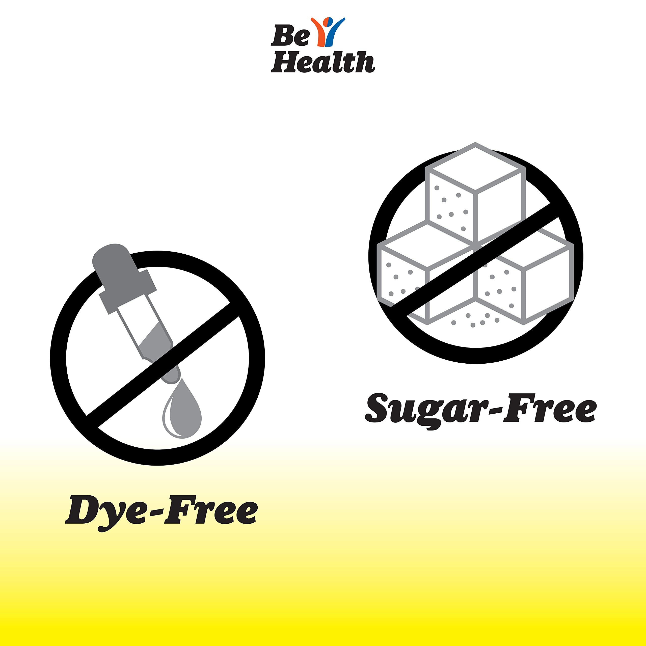Close-up of dye-free Be Health label highlighting sugar-free lemon option.