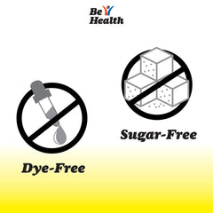 Close-up of dye-free Be Health label highlighting sugar-free lemon option.