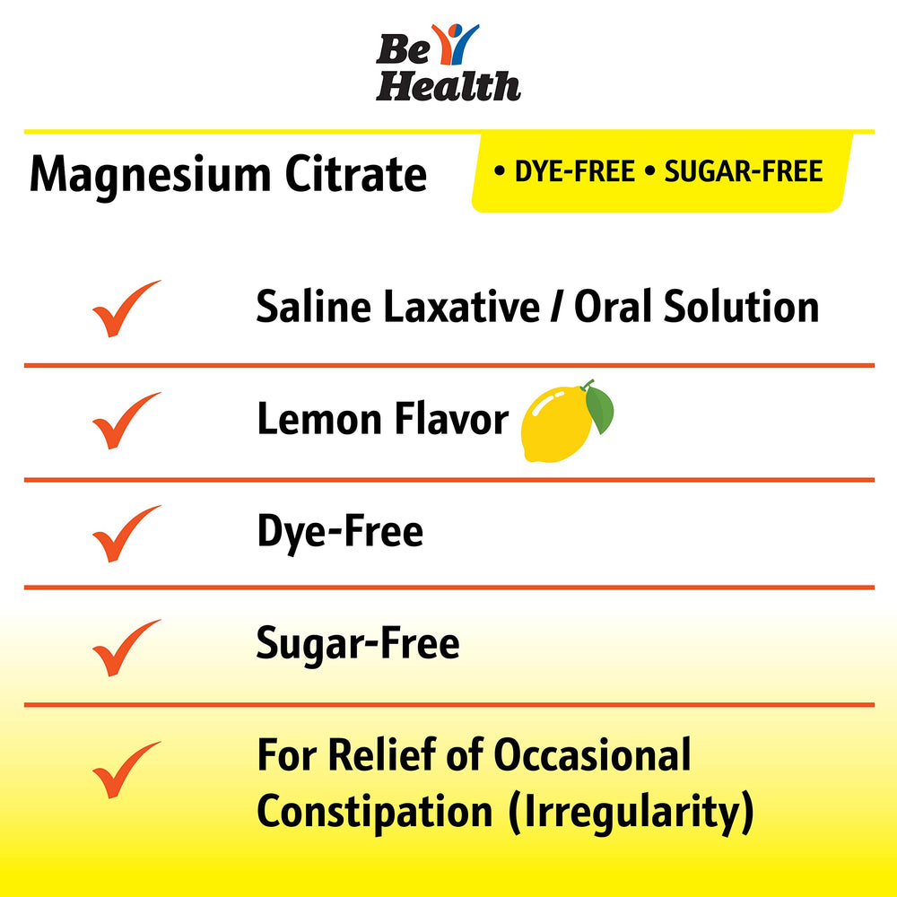 Be Health Magnesium Citrate lemon flavor bottle, easy to take.