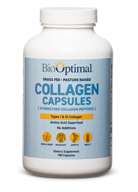 BioOptimal Collagen Capsules bottle on shelf shows grass-fed, non-GMO formula for daily skin support.