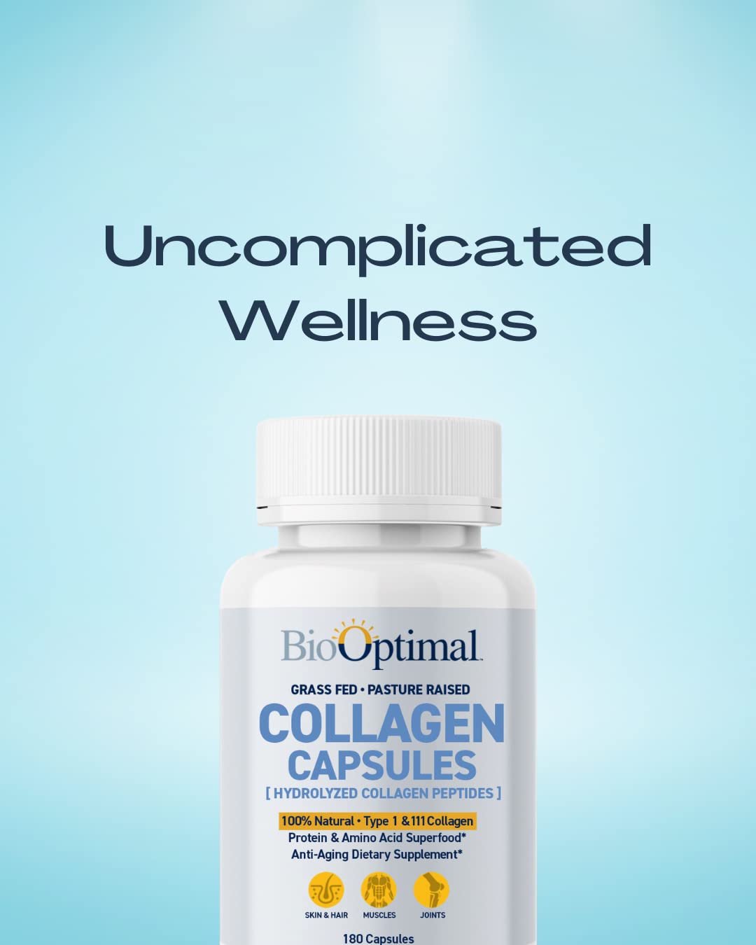 BioOptimal Collagen Capsules pouring, highlighting easy daily intake with water or smoothies.