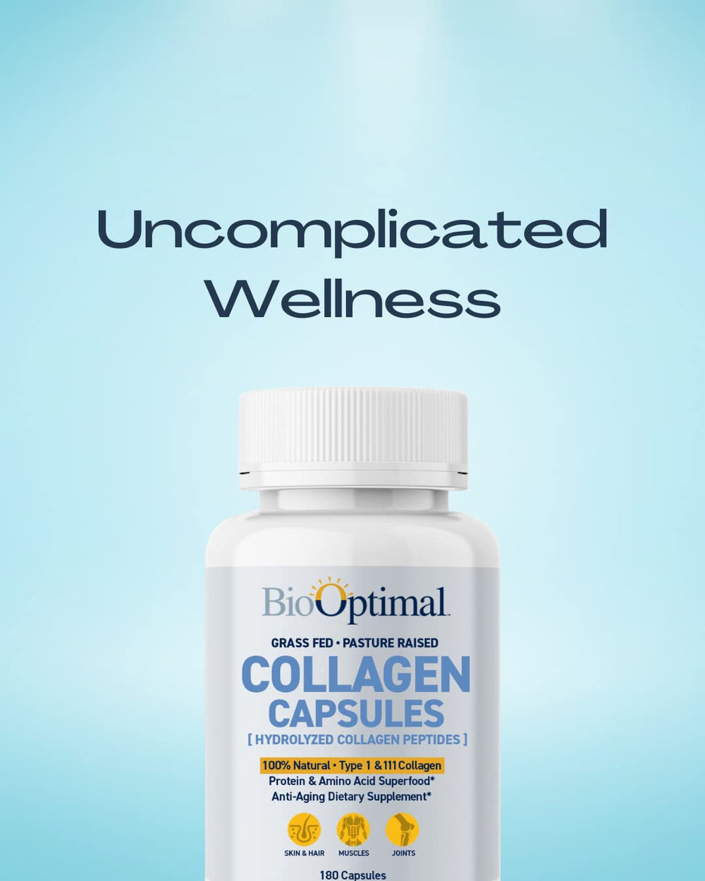 BioOptimal Collagen Capsules pouring, highlighting easy daily intake with water or smoothies.