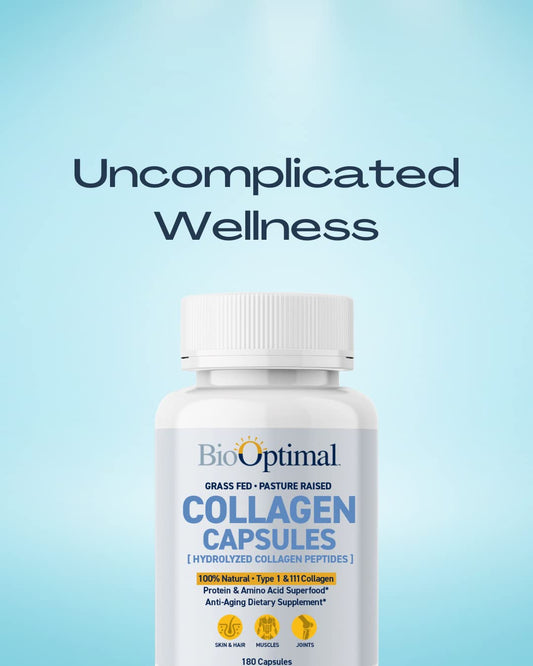 BioOptimal Collagen Capsules pouring, highlighting easy daily intake with water or smoothies.