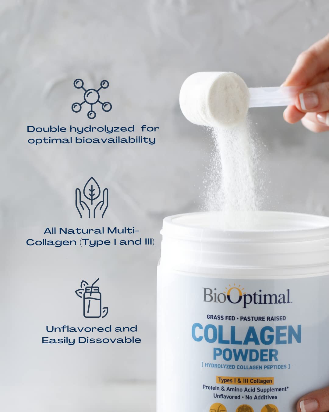 BioOptimal Collagen Peptides close-up of fine powder texture for fast dissolution.