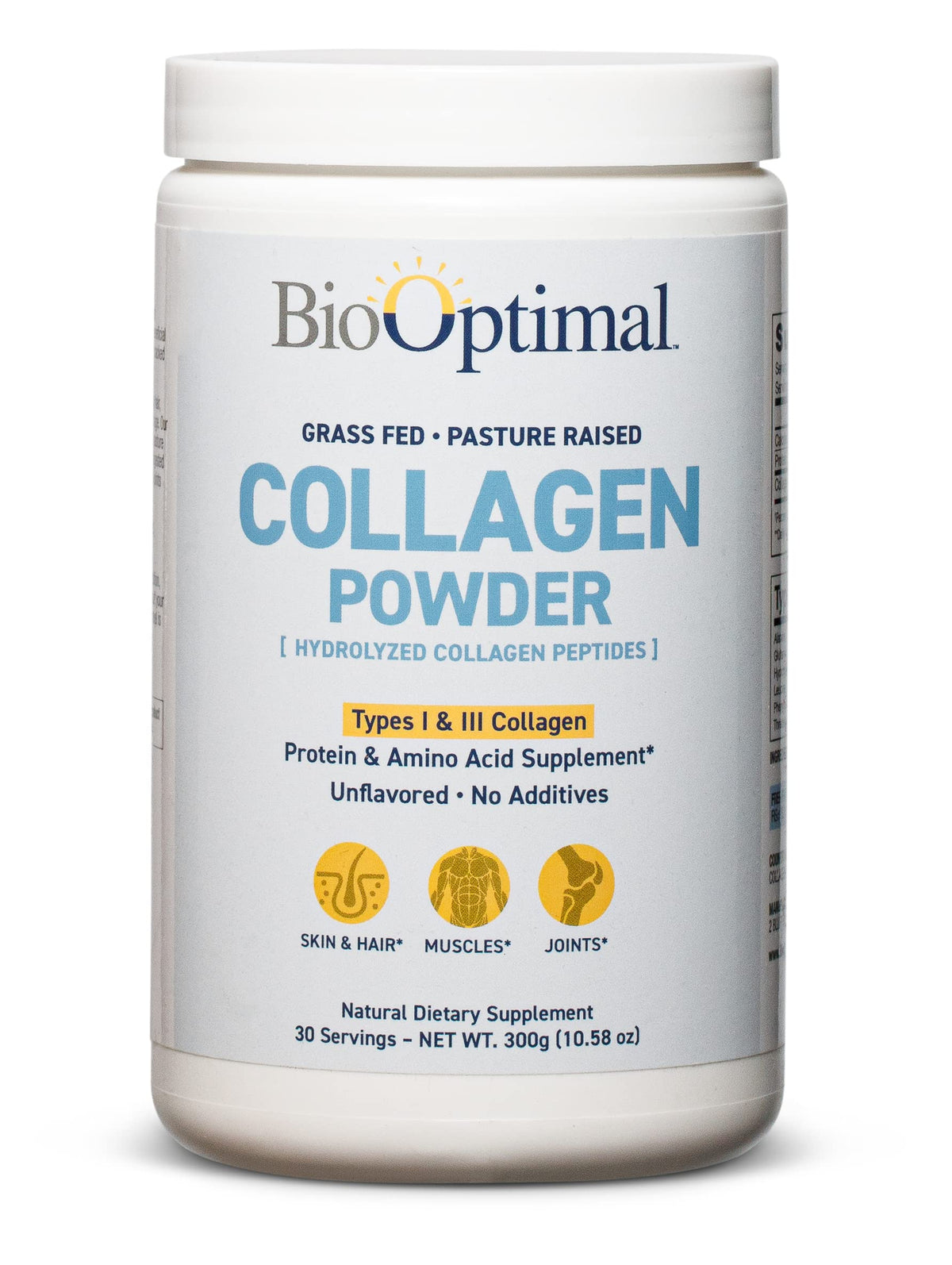 BioOptimal Collagen Peptides bottle on counter with grass-fed formula for daily skin and hair support.
